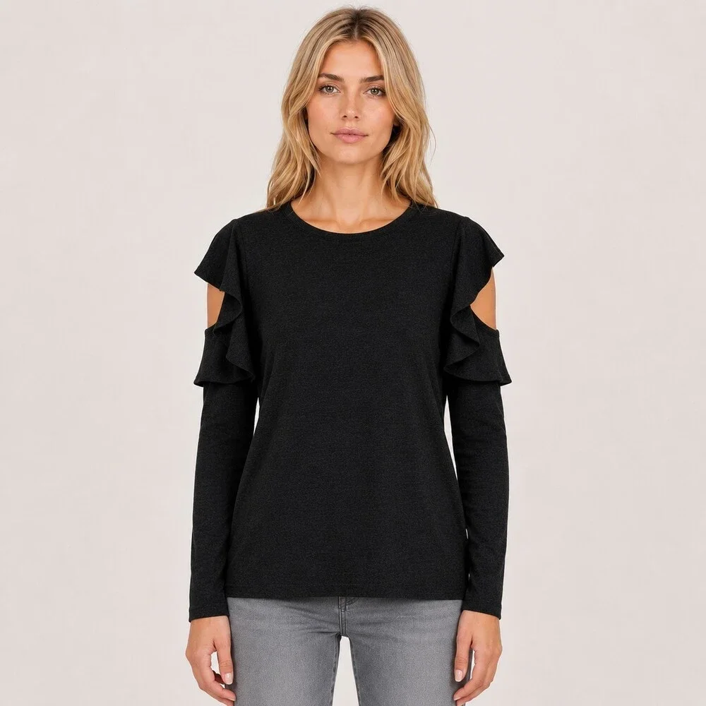 Gap Softspun Ruffled Cold Shoulder Sweater Knit Top Women XL Tall Black NWT